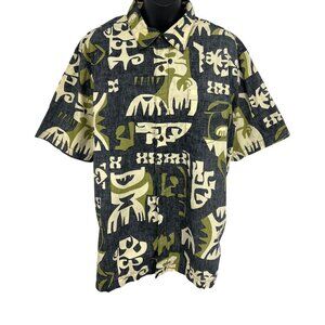 Quiksilver Mens Short Sleeve Hawaiian Shirt Size Large L Gray Tribal Hawaiian EU
